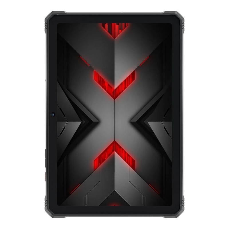 Tablet robusta con marco negro reforzado, pantalla de 11 pulgadas con diseño geométrico gris y acentos rojos en forma de flechas; estilo resistente Rugged